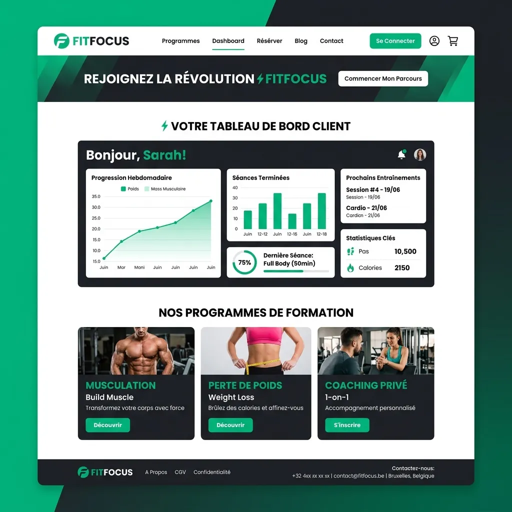Dashboard coach sportif template site web FitFocus Training
