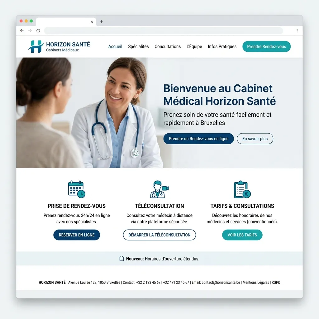 Interface médicale épurée pour cabinet médical Horizon Santé avec prise de rendez-vous