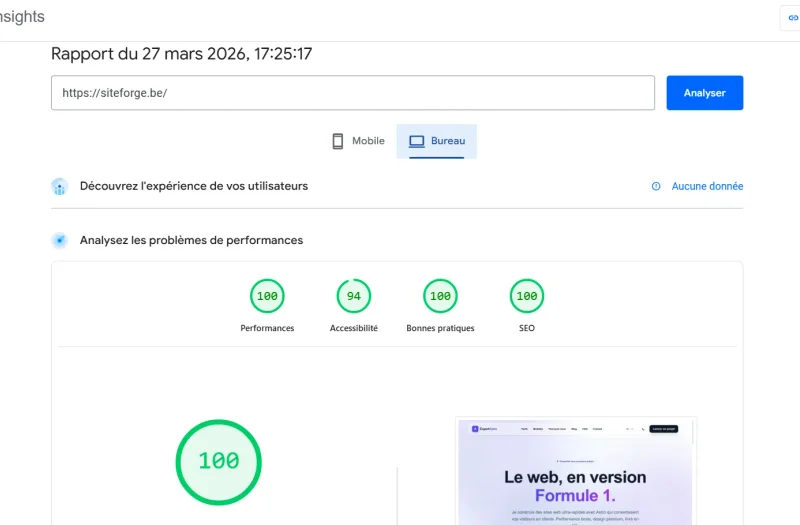 Capture d'écran de l'audit de performance Google Lighthouse officiel avec des scores de 100%