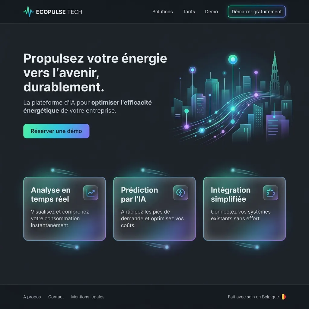 Landing page futuriste pour startup tech EcoPulse avec design Clean Tech